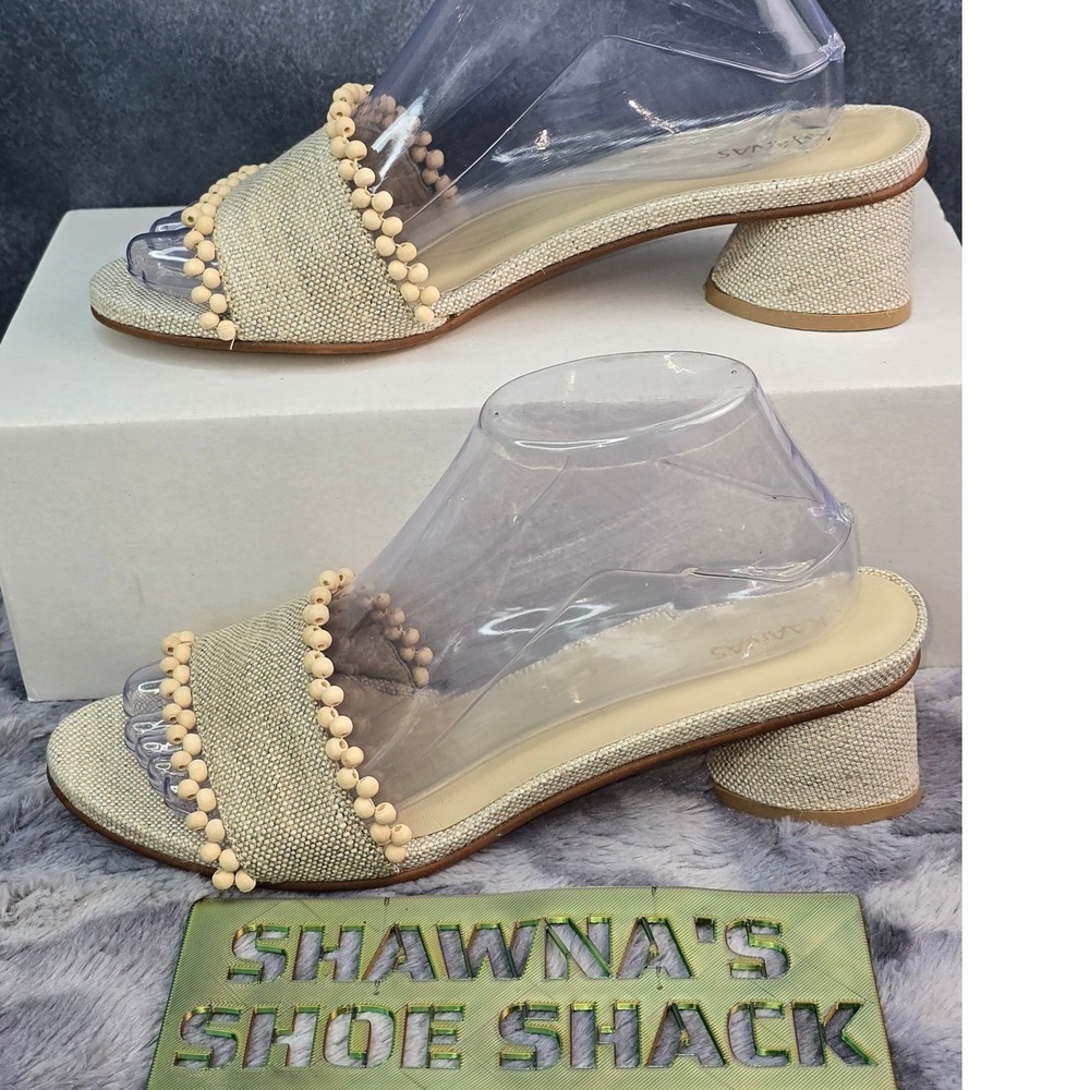 NWOT KAANAS Cairo Beaded Heeled Beige Linen Block Heel Sandals Womens 9